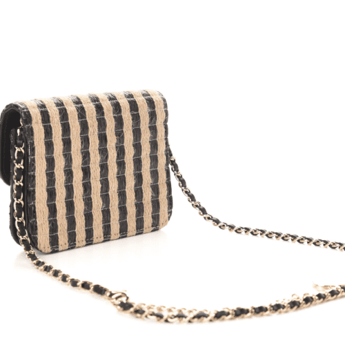 chanel raffia jute striped belt bag black beige 33739475157151