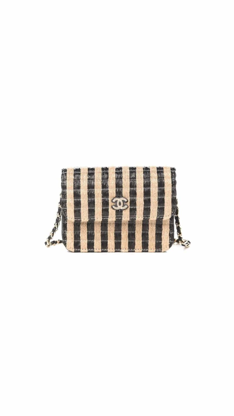 chanel raffia jute striped belt bag black beige 33896688189599