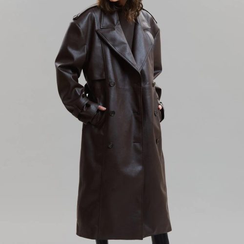 double breasted faux leather trench coat in java coat paper moon 337490