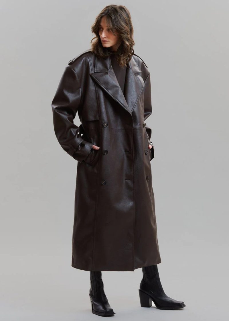 double breasted faux leather trench coat in java coat paper moon 337490