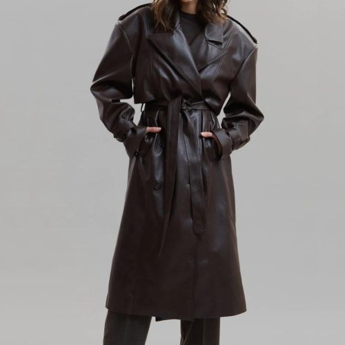 double breasted faux leather trench coat in java coat paper moon 802204