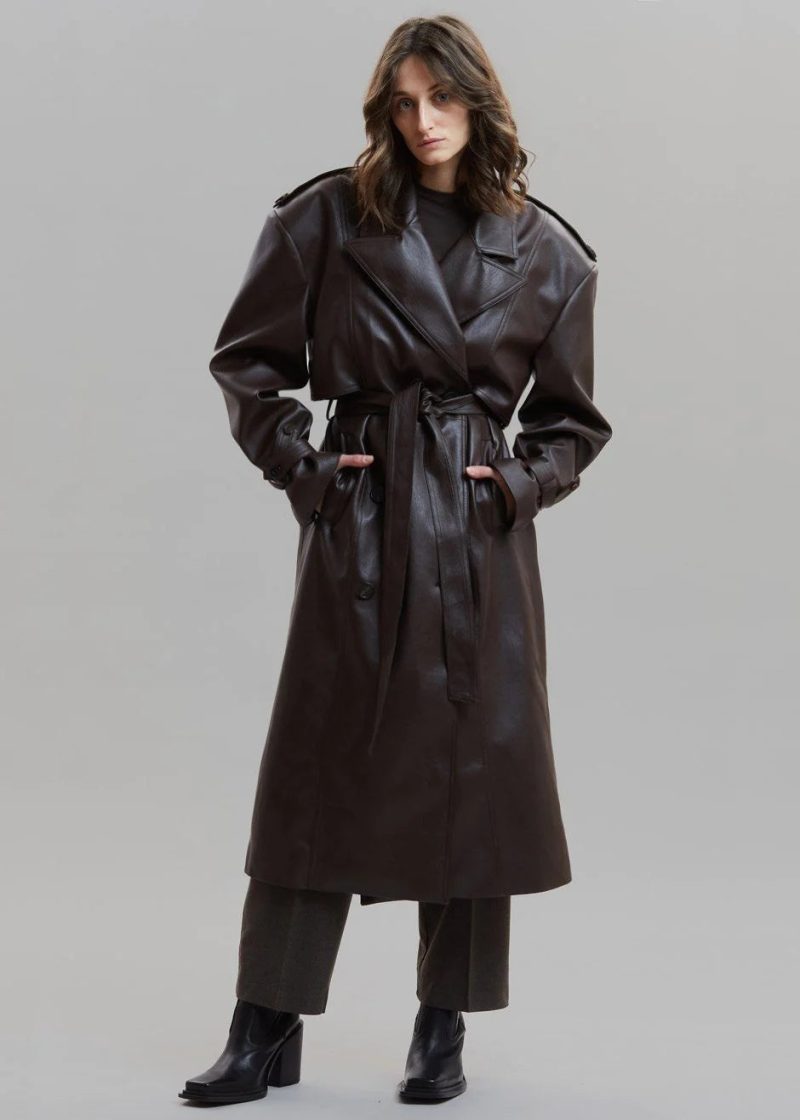 double breasted faux leather trench coat in java coat paper moon 802204