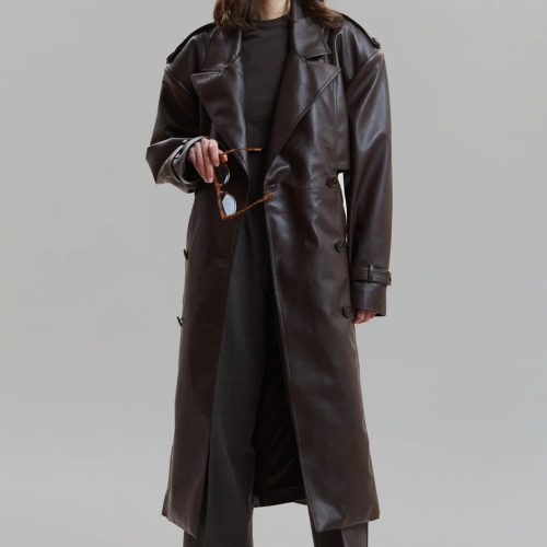 double breasted faux leather trench coat in java coat paper moon 837031