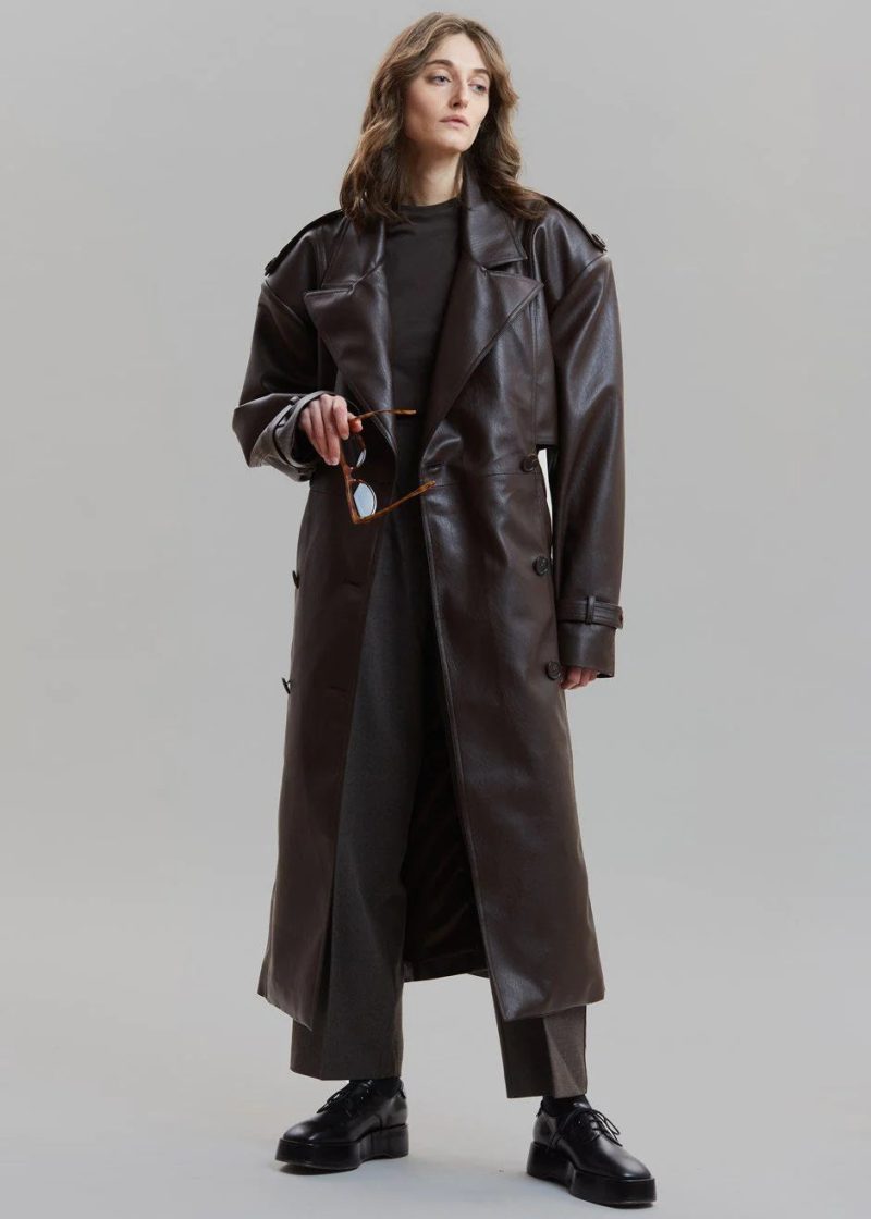 double breasted faux leather trench coat in java coat paper moon 837031