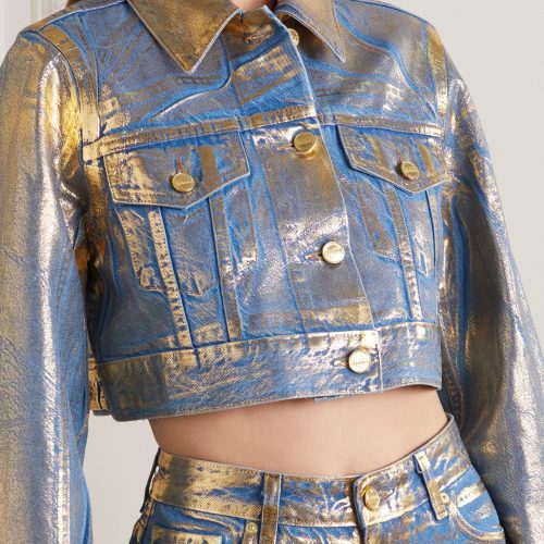 ganni Gold Cropped Metallic Organic Denim Jacket