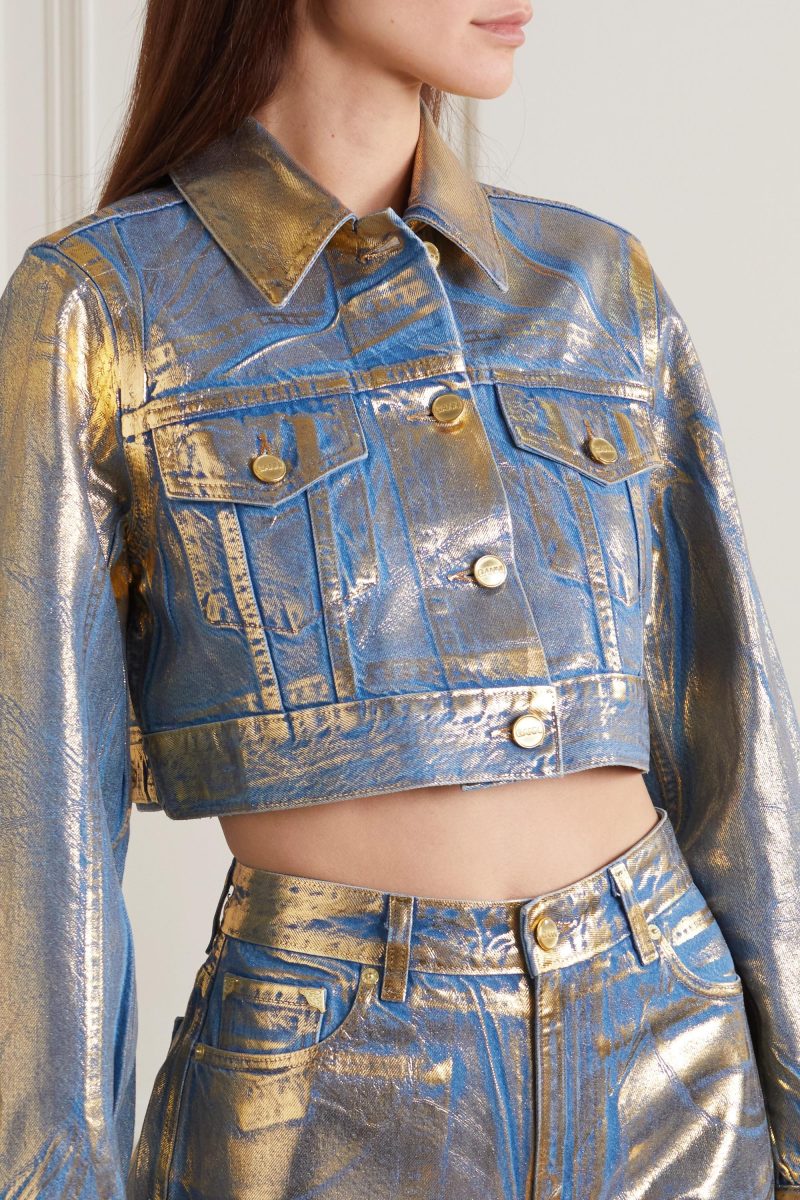 ganni Gold Cropped Metallic Organic Denim Jacket