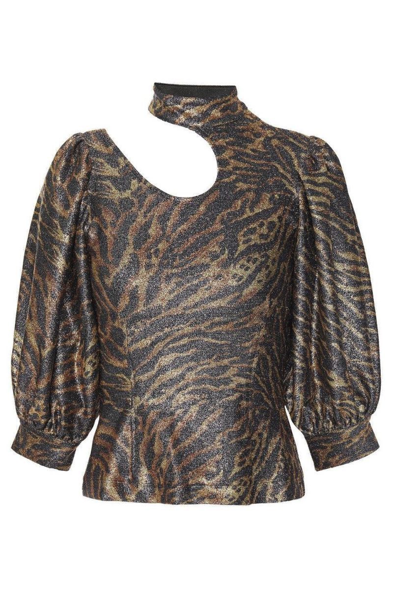 ganni ganni woman cutout tiger print lame blouse animal print 34603318870175