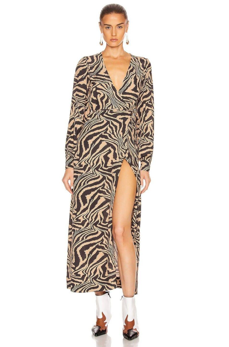 ganni tiger print crepe wrap midi dress 34674796593311