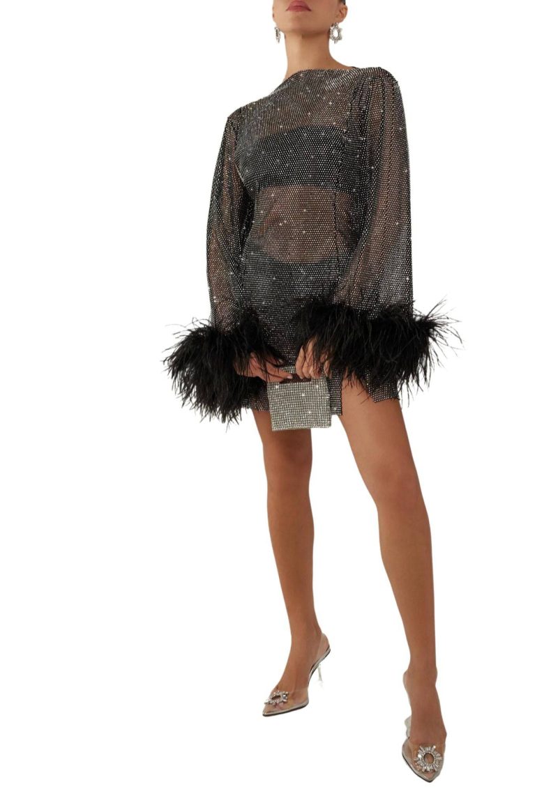 heiress black crystal embellished feather trim mini dress 34646928720031