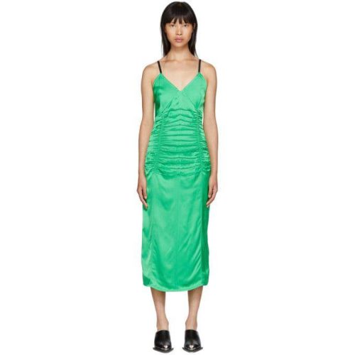 helmut lang ruched slip dress in green 34450755977375