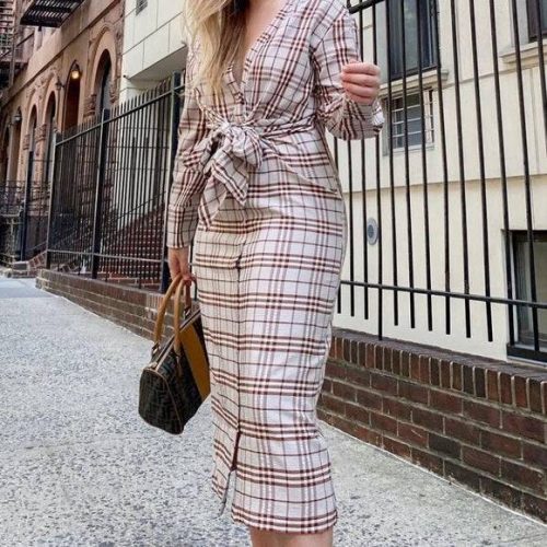 l academie the pauline midi dress in brown plaid 34612948959391