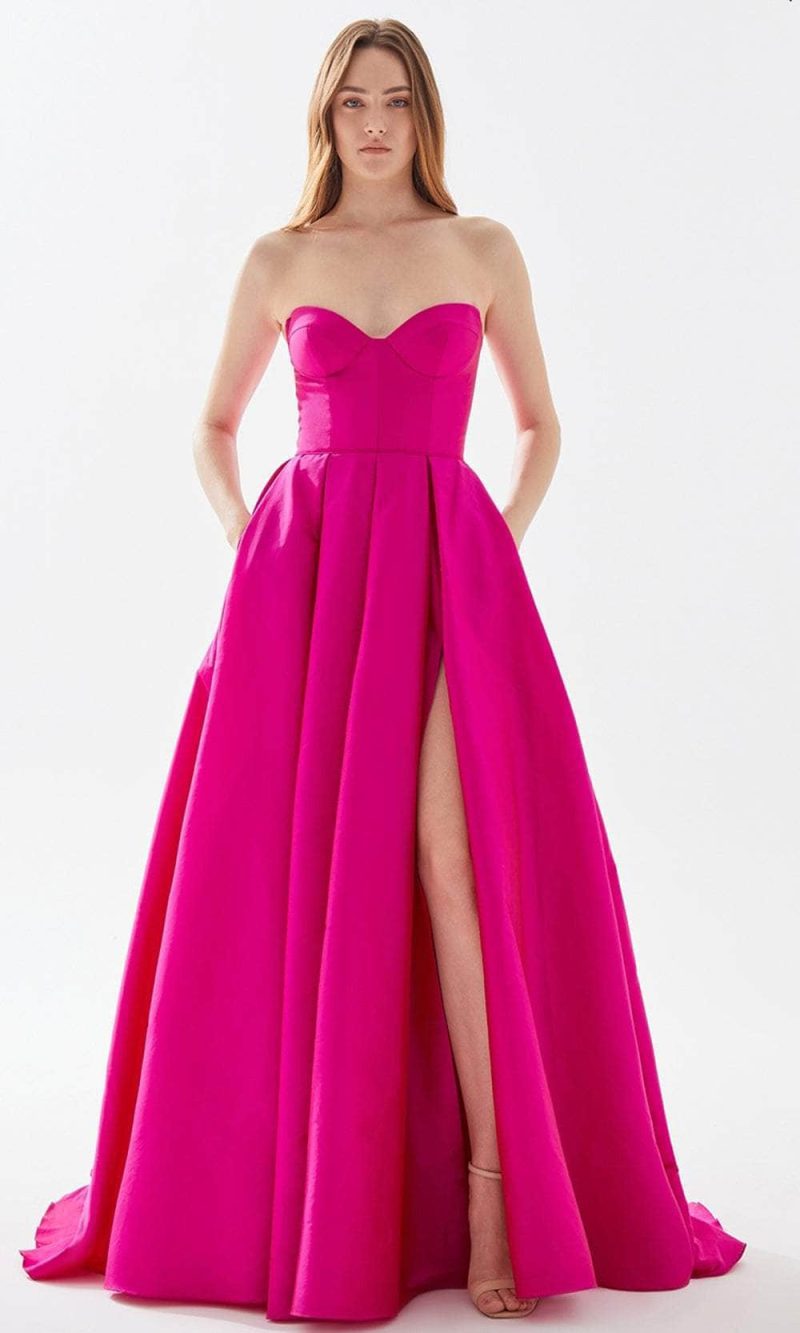 tarik ediz 52022 bustier a line prom dress with slit prom dresses 00 fuchsia 31445626781779