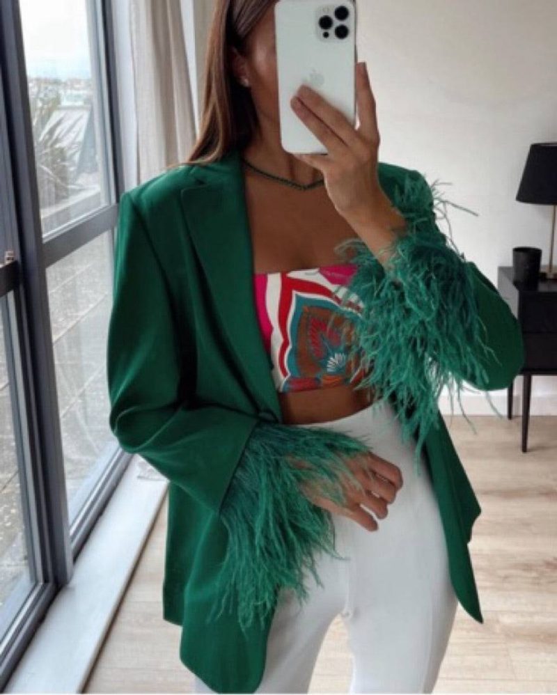 zara green feather blazer 34633995845791