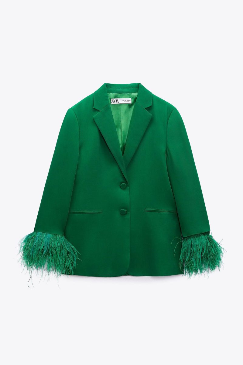 zara green feather blazer 34633995911327